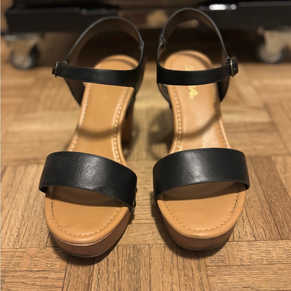 Soda Black and Tan Heeled Sandals